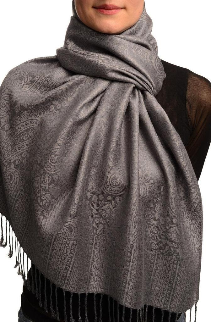 liss kiss Slate Grey Paisleys Pashmina Feel With Tassels - Scarf
