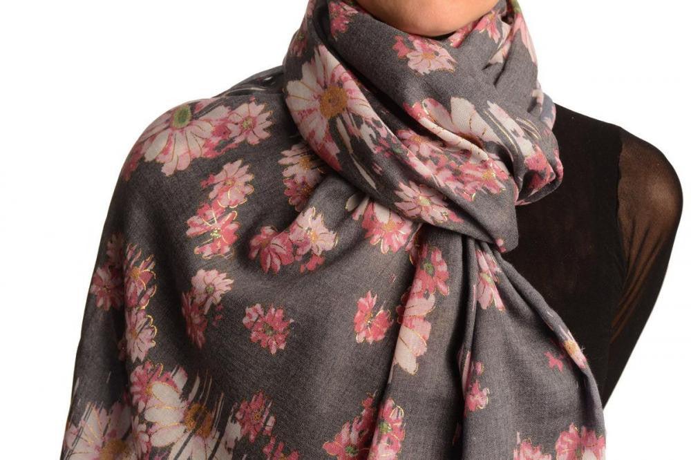 Liss Kiss Slate Grey With Gold Trim Daisies Scarf - Scarf
