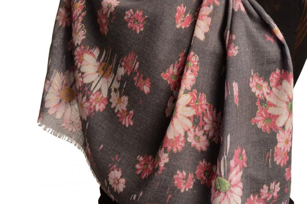 Liss Kiss Slate Grey With Gold Trim Daisies Scarf - Scarf