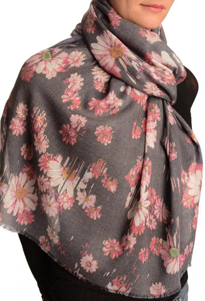 Liss Kiss Slate Grey With Gold Trim Daisies Scarf - Scarf
