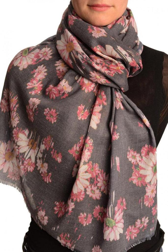 liss kiss Slate Grey With Gold Trim Daisies Scarf - Scarf