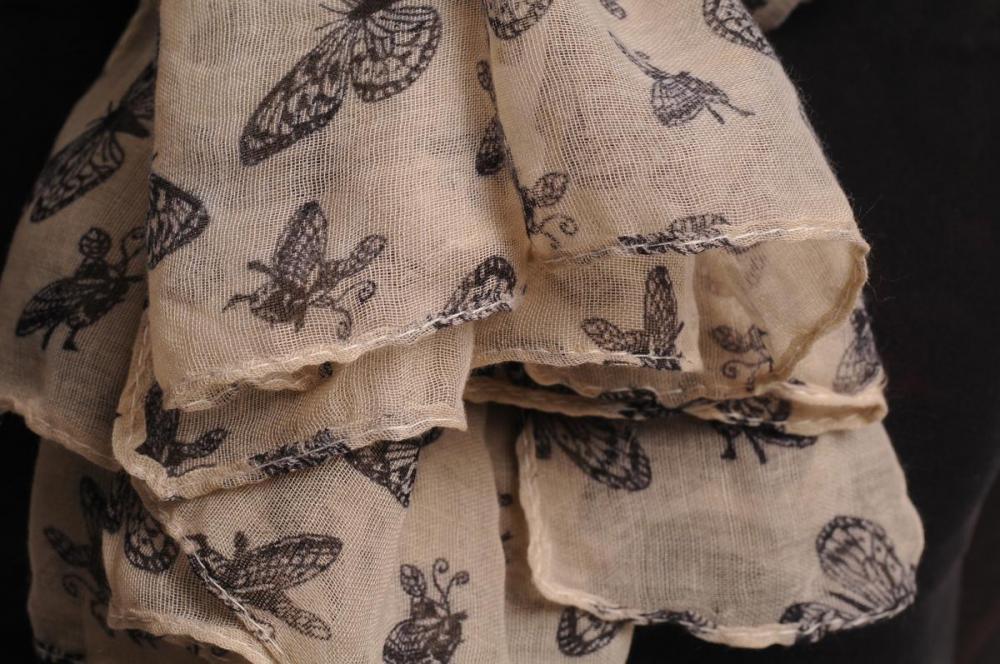Liss Kiss Small Black Butterflies On Beige Unisex Scarf & Beach Sarong - Scarf