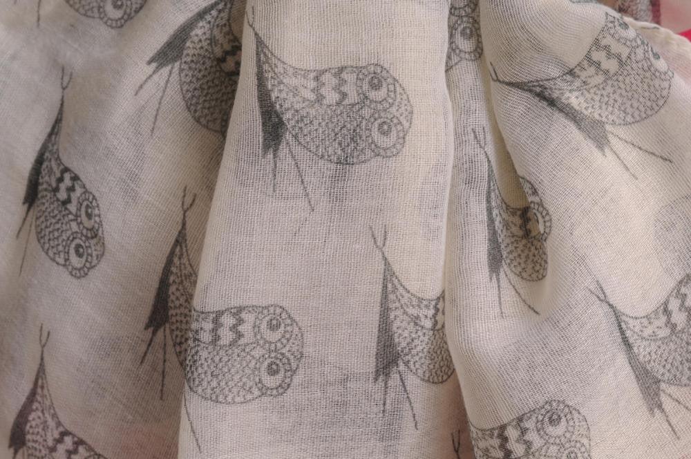 Liss Kiss Small Black Cute Owl On Sand White Unisex Scarf & Beach Sarong - Scarf