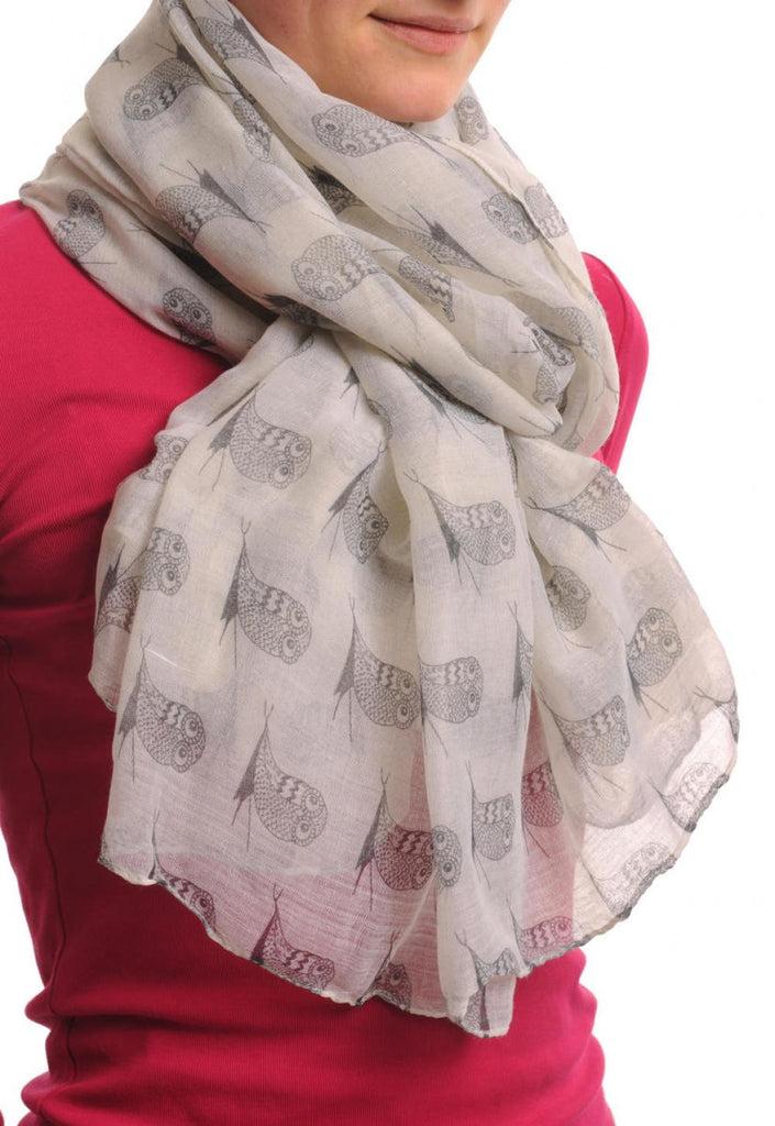 Liss Kiss Small Black Cute Owl On Sand White Unisex Scarf & Beach Sarong - Scarf