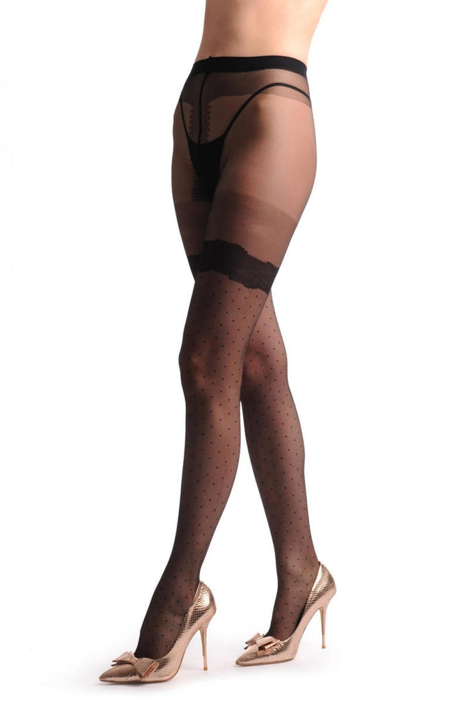 Liss Kiss Small Black Dots & Faux Flower Lace Garter - Tights