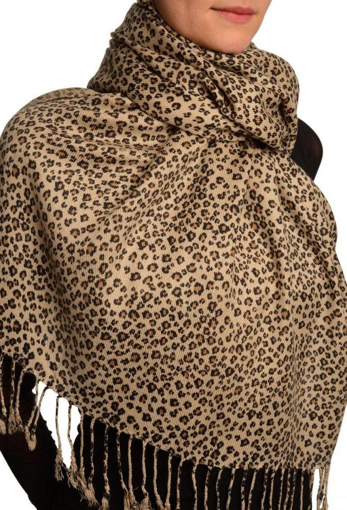 Liss Kiss Small Black Leopard On Cappuccino Pashmina Feel With Tassels - Scarf