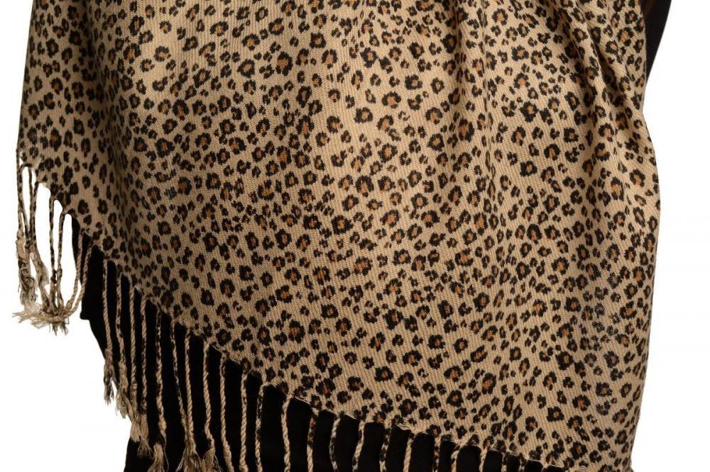 Liss Kiss Small Black Leopard On Cappuccino Pashmina Feel With Tassels - Scarf