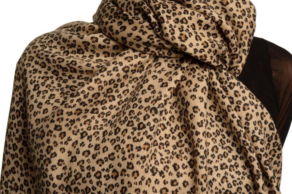 Liss Kiss Small Black Leopard On Cappuccino Pashmina Feel With Tassels - Scarf