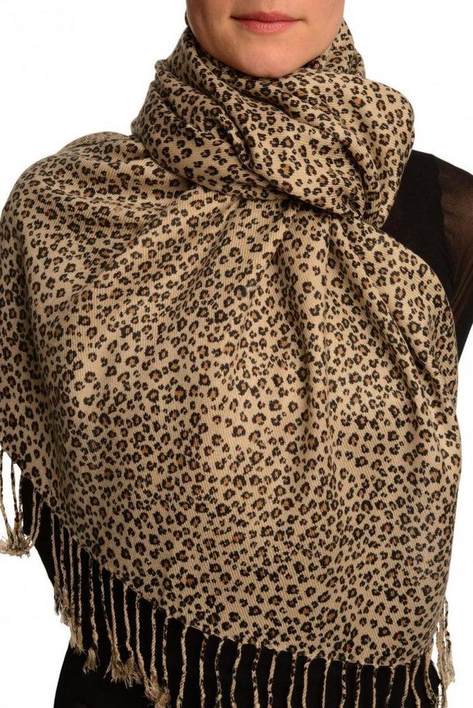 liss kiss Small Black Leopard On Cappuccino Pashmina Feel With Tassels - Scarf