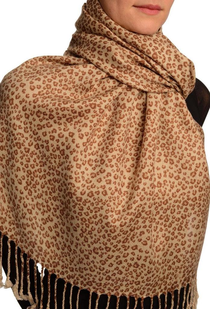 Liss Kiss Small Brown Leopard On Cappuccino Pashmina Feel With Tassels - Scarf