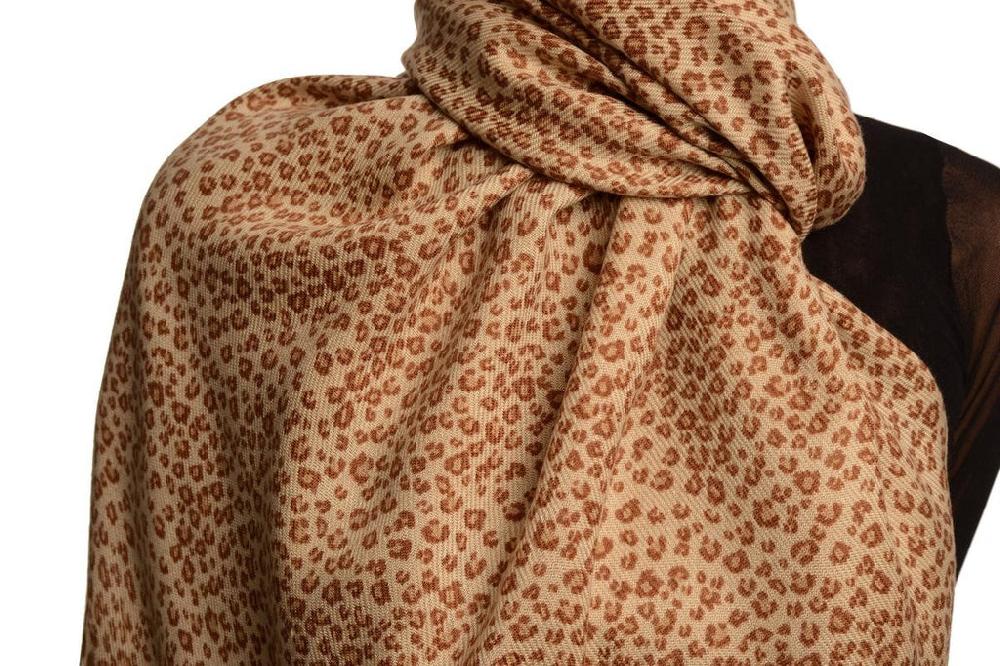 Liss Kiss Small Brown Leopard On Cappuccino Pashmina Feel With Tassels - Scarf