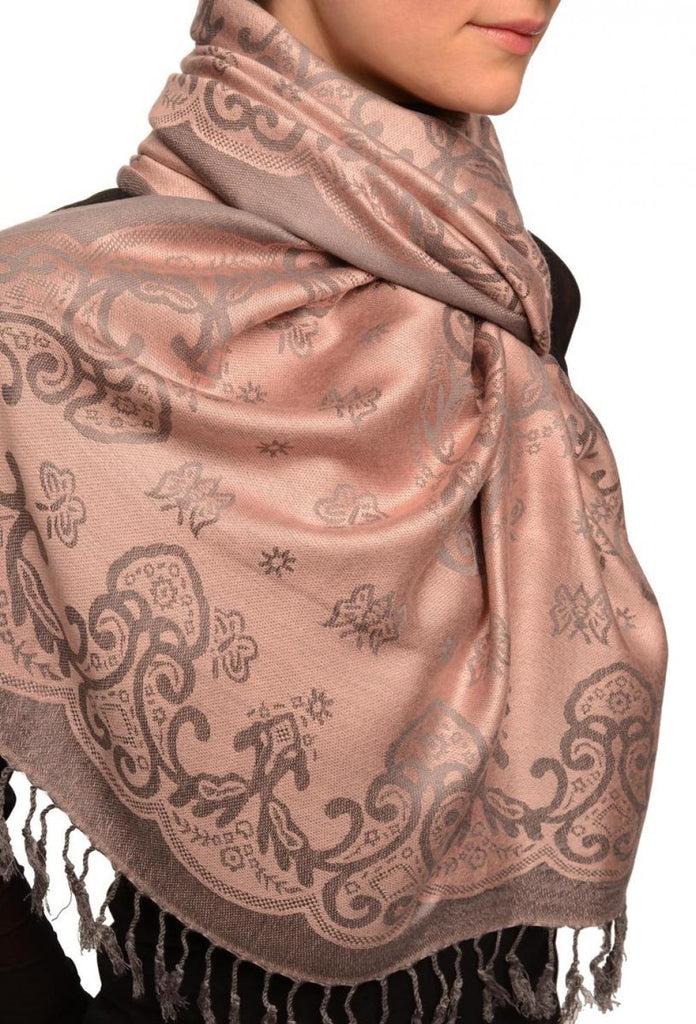 Liss Kiss Small Butterflies On Chestnut Pink Pashmina With Tassels - Scarf