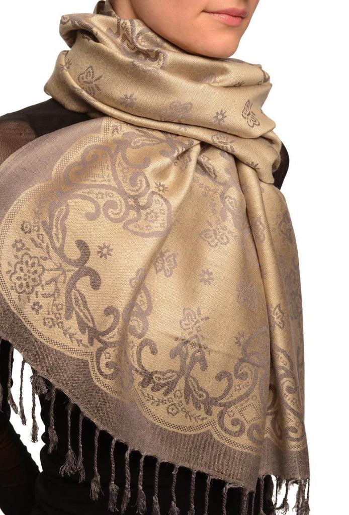 Liss Kiss Small Butterflies On Grey Pashmina With Tassels - Scarf
