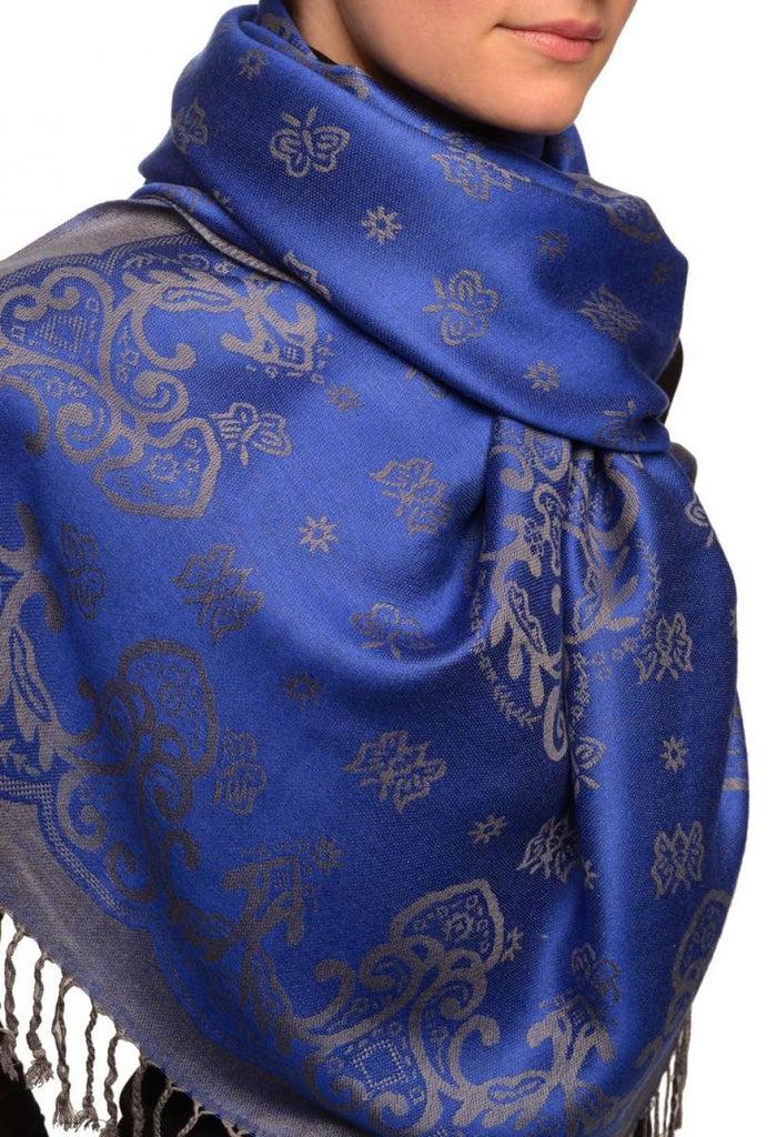 Liss Kiss Small Butterflies On Klein Blue Pashmina With Tassels - Scarf
