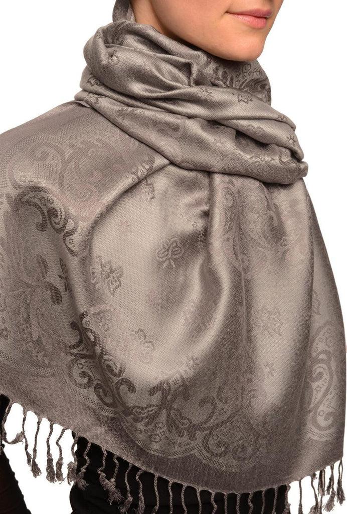 Liss Kiss Small Butterflies On Light Grey Pashmina With Tassels - Scarf