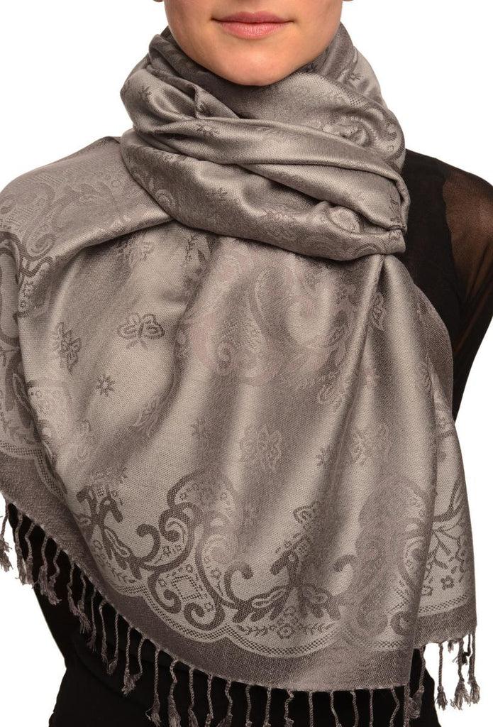 liss kiss Small Butterflies On Light Grey Pashmina With Tassels - Scarf