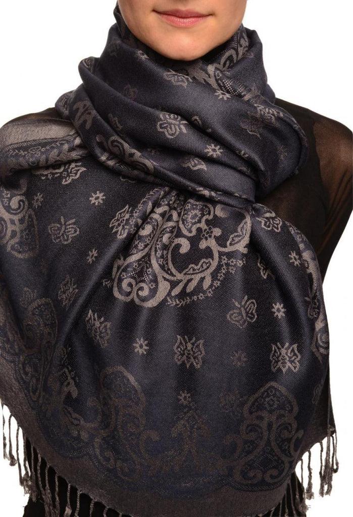 liss kiss Small Butterflies On Oxford Blue Pashmina With Tassels - Scarf