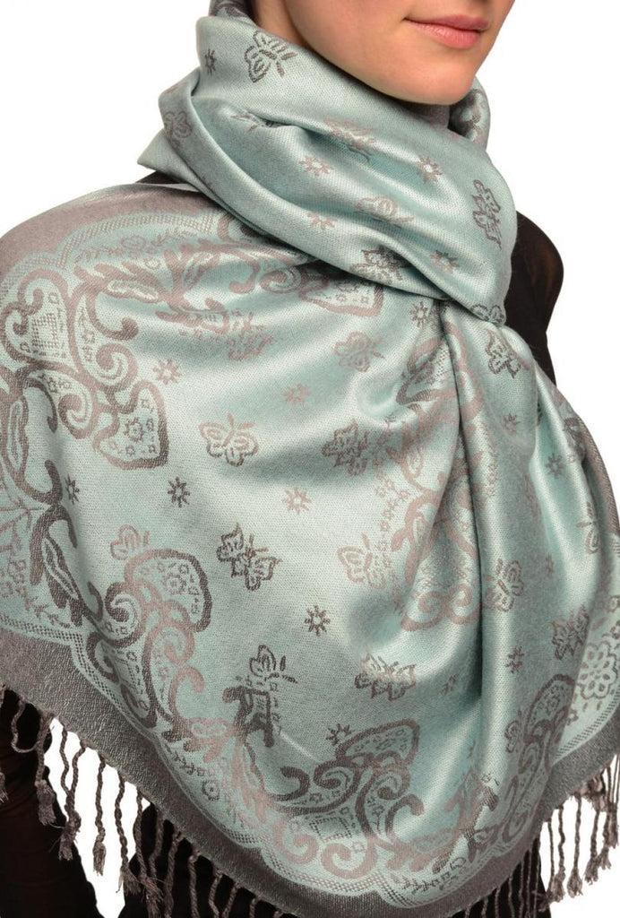 Liss Kiss Small Butterflies On Powder Blue Pashmina With Tassels - Scarf