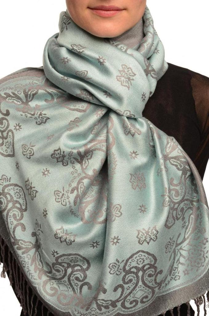 liss kiss Small Butterflies On Powder Blue Pashmina With Tassels - Scarf