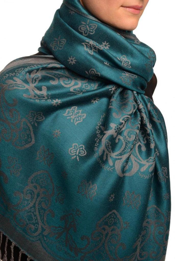 Liss Kiss Small Butterflies On Prussian Blue Pashmina With Tassels - Scarf