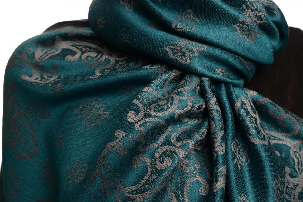 Liss Kiss Small Butterflies On Prussian Blue Pashmina With Tassels - Scarf