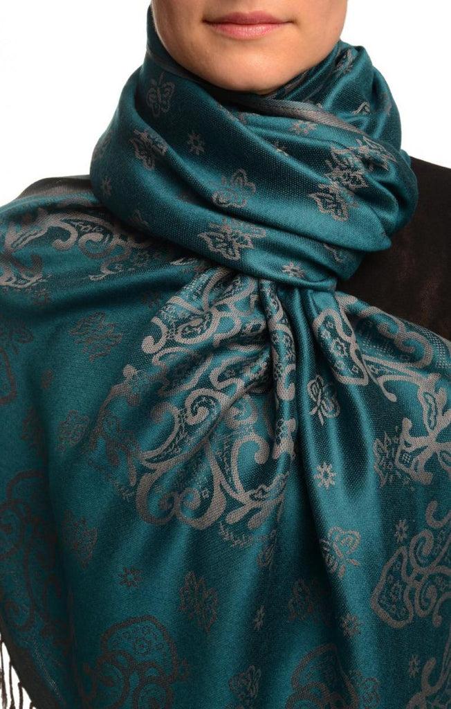 liss kiss Small Butterflies On Prussian Blue Pashmina With Tassels - Scarf