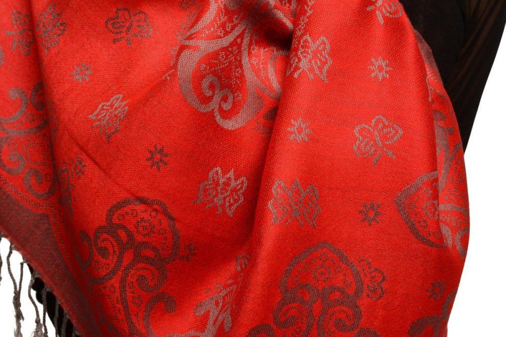 Liss Kiss Small Butterflies On Red Pashmina With Tassels - Scarf