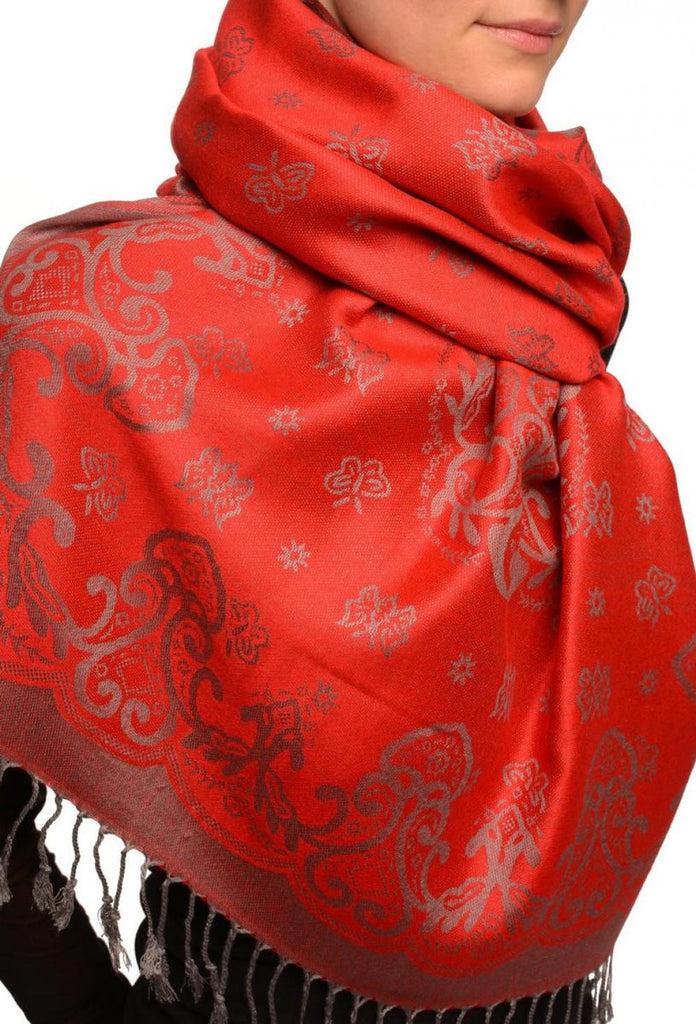 Liss Kiss Small Butterflies On Red Pashmina With Tassels - Scarf