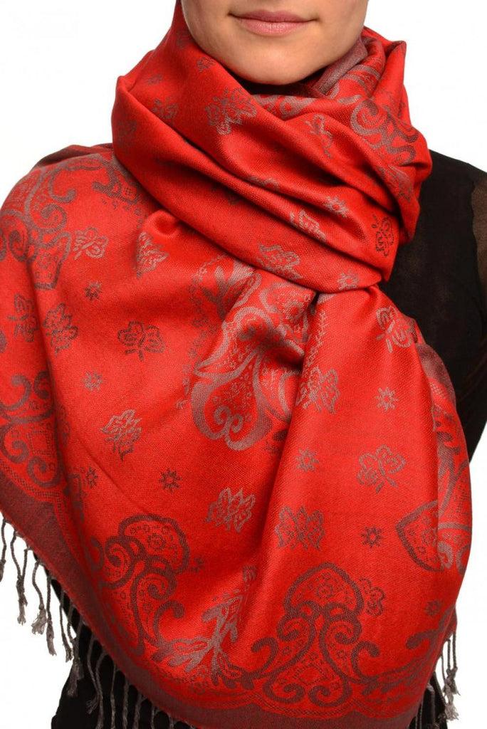 liss kiss Small Butterflies On Red Pashmina With Tassels - Scarf