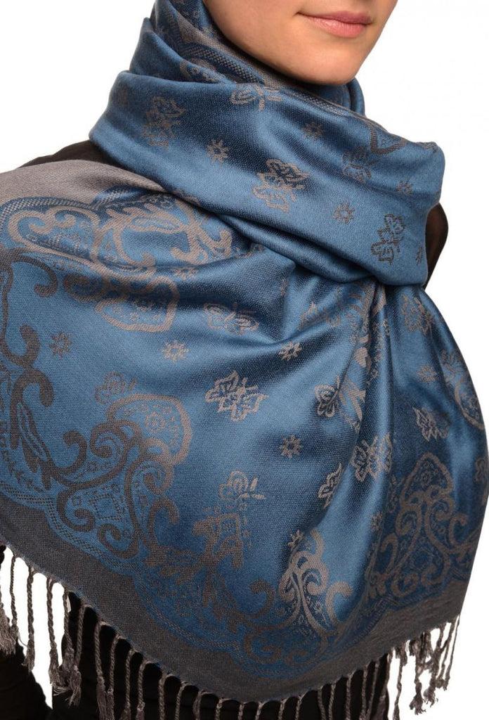 Liss Kiss Small Butterflies On Yale Blue Pashmina With Tassels - Scarf
