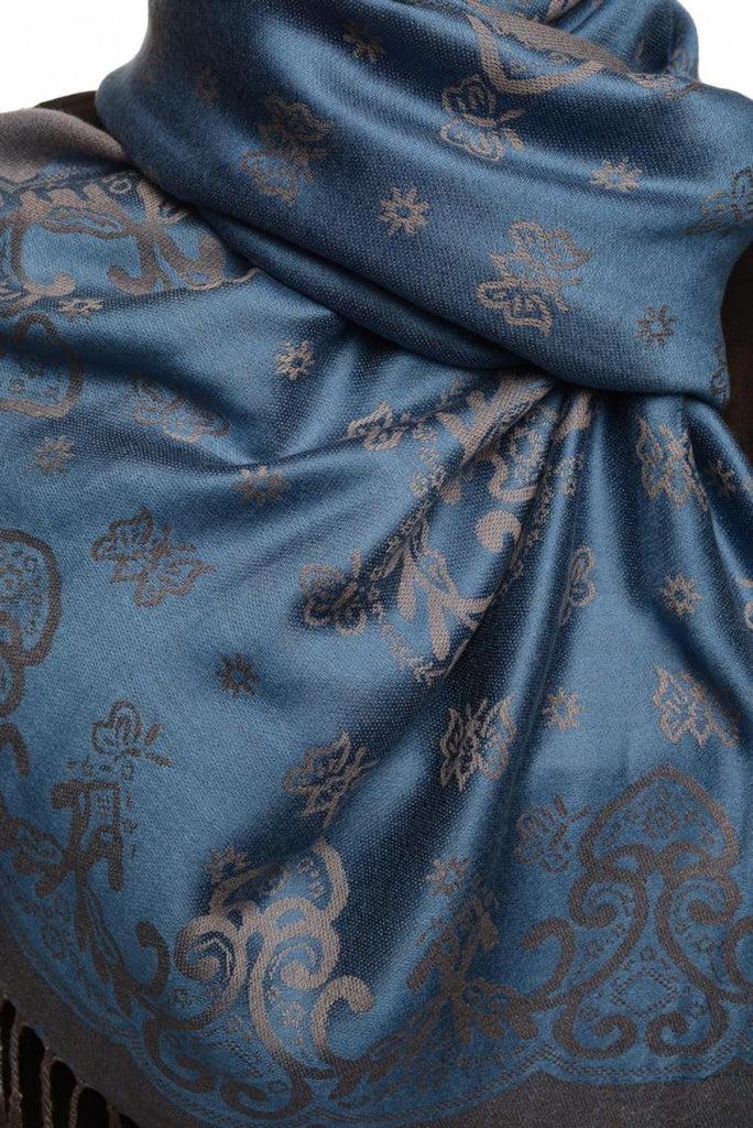 Liss Kiss Small Butterflies On Yale Blue Pashmina With Tassels - Scarf