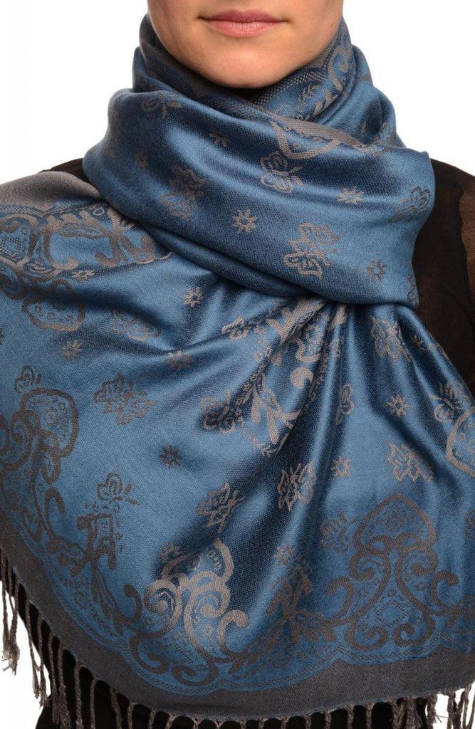 liss kiss Small Butterflies On Yale Blue Pashmina With Tassels - Scarf