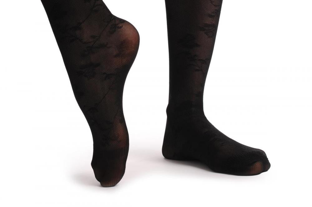 Liss Kiss Small Climbing Black Roses On Black Mesh & Floral Silicon Garter - Hold Ups