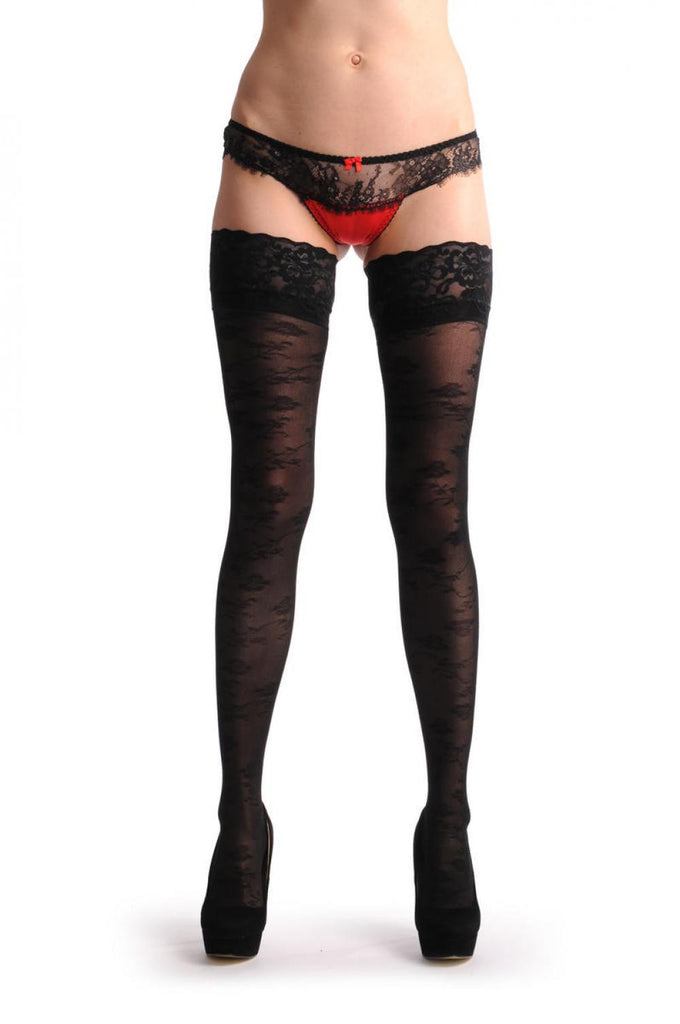 liss kiss Small Climbing Black Roses On Black Mesh & Floral Silicon Garter - Hold Ups