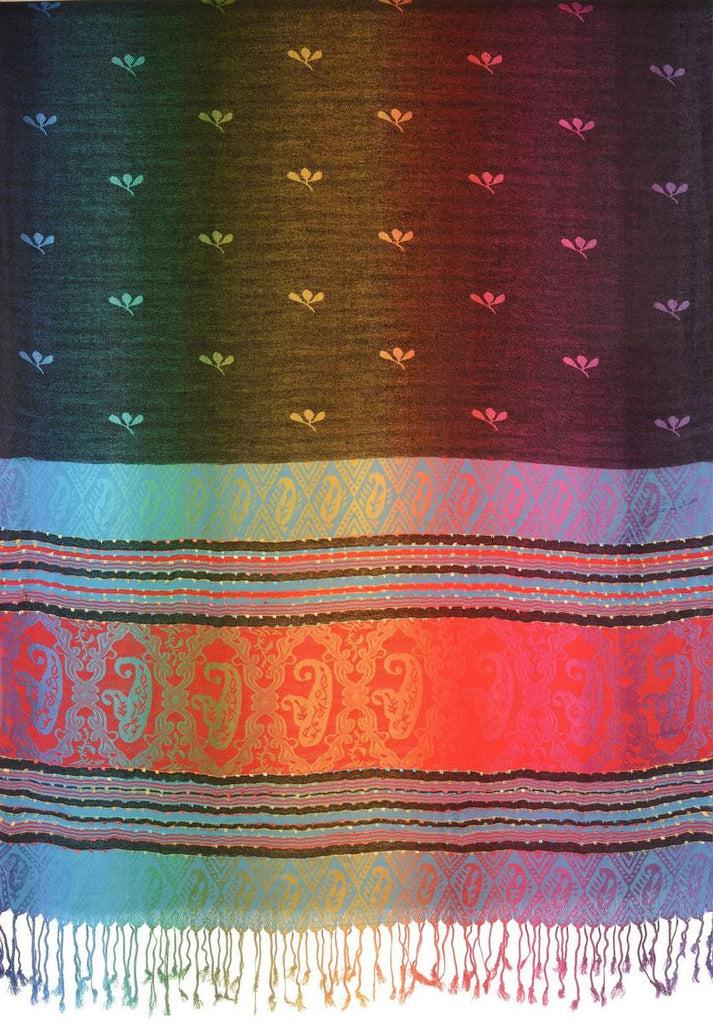 Liss Kiss Small Clover On Black Ombre Pashmina With Tassels - Scarf