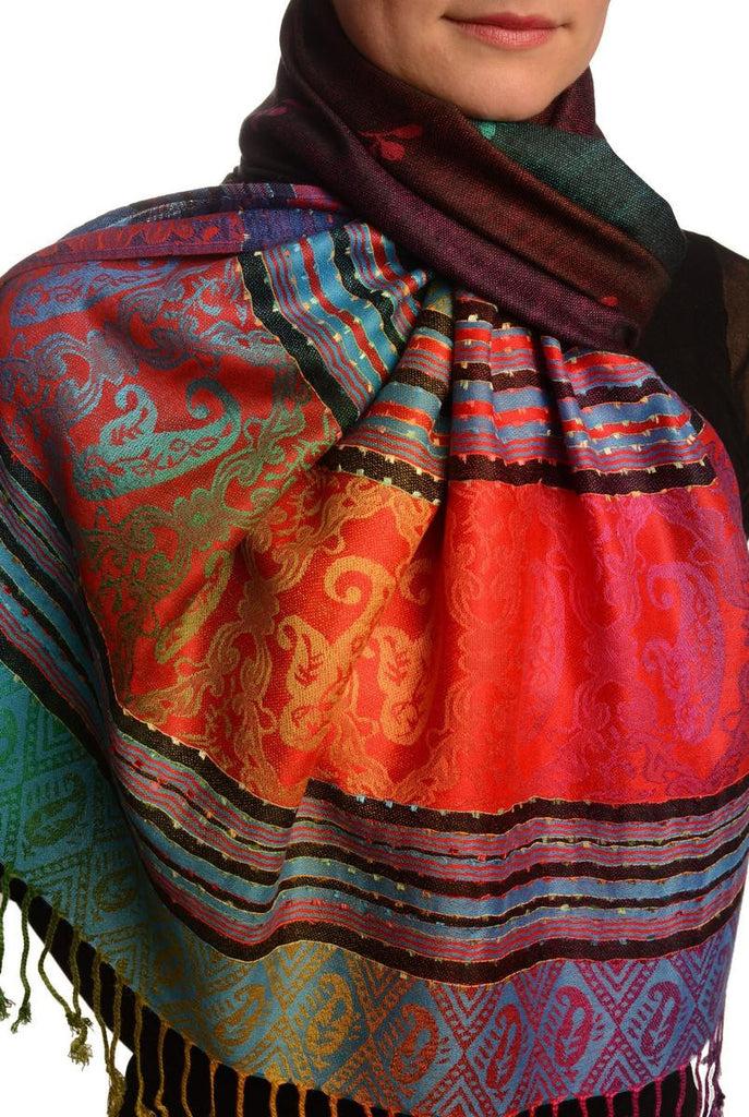Liss Kiss Small Clover On Black Ombre Pashmina With Tassels - Scarf