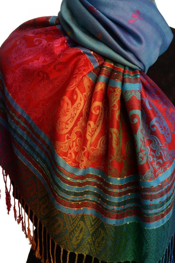 Liss Kiss Small Clover On Blue Ombre Pashmina With Tassels - Scarf