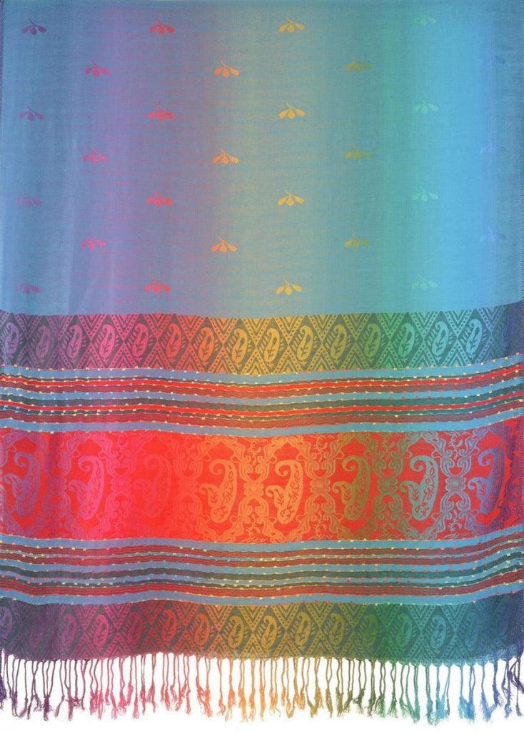 Liss Kiss Small Clover On Blue Ombre Pashmina With Tassels - Scarf