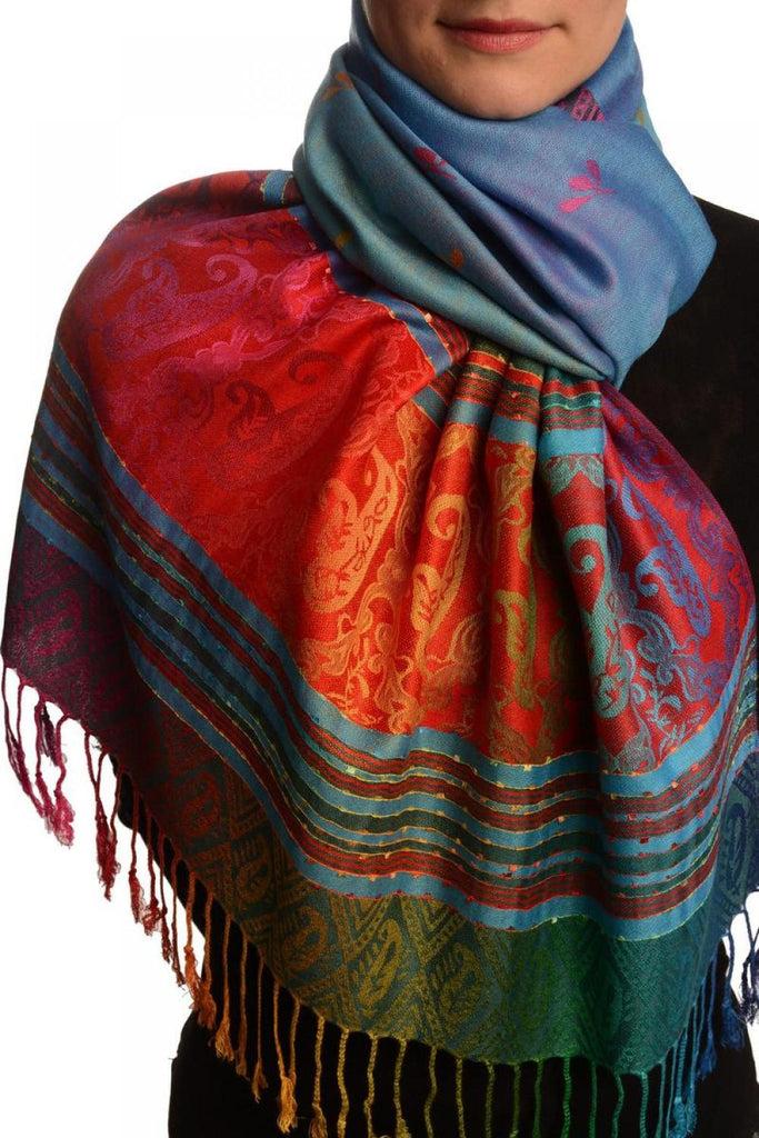 liss kiss Small Clover On Blue Ombre Pashmina With Tassels - Scarf