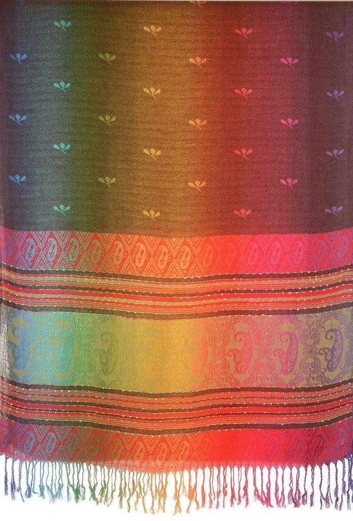 Liss Kiss Small Clover On Brown Ombre Pashmina With Tassels - Scarf