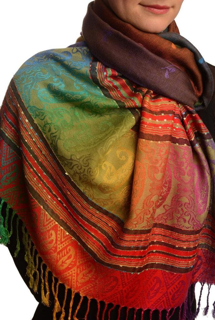 Liss Kiss Small Clover On Brown Ombre Pashmina With Tassels - Scarf