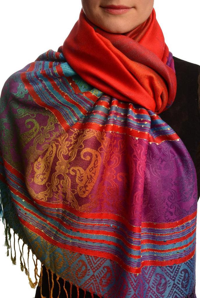 liss kiss Small Clover On Burgundy Red Ombre Pashmina With Tassels - Scarf