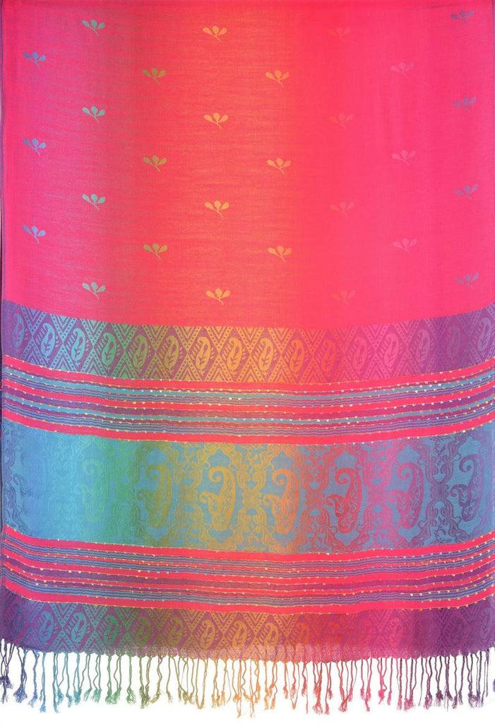 Liss Kiss Small Clover On Fuchsia Pink Ombre Pashmina With Tassels - Scarf