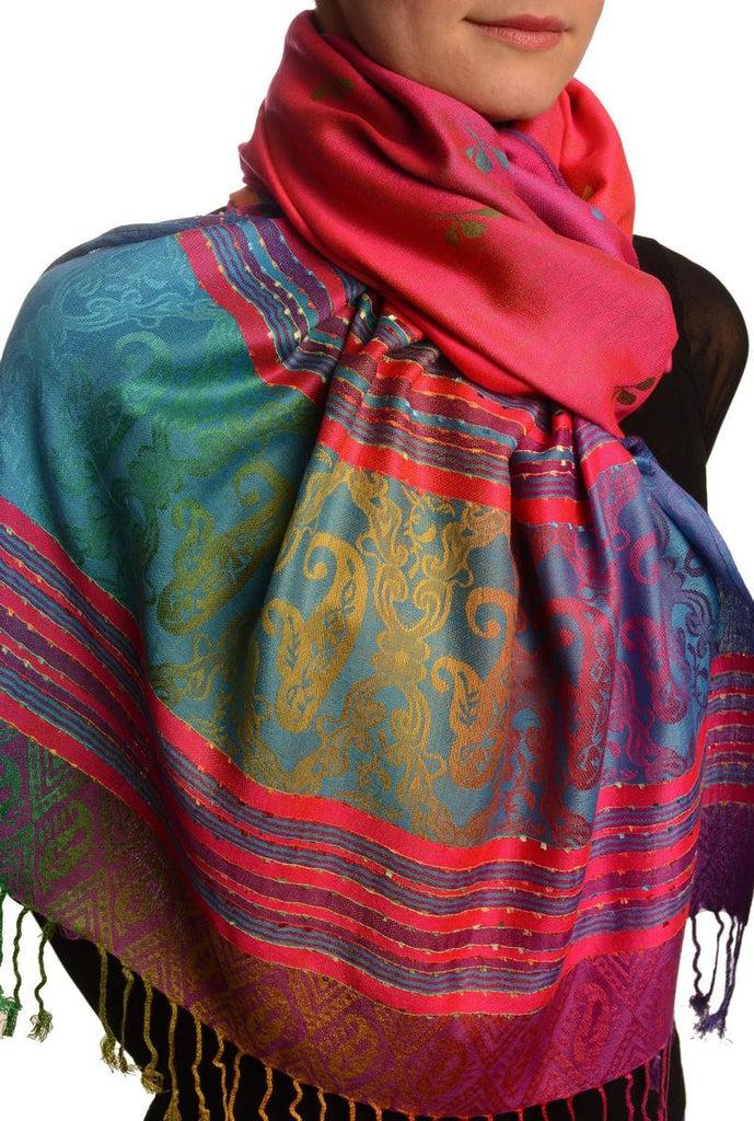 Liss Kiss Small Clover On Fuchsia Pink Ombre Pashmina With Tassels - Scarf