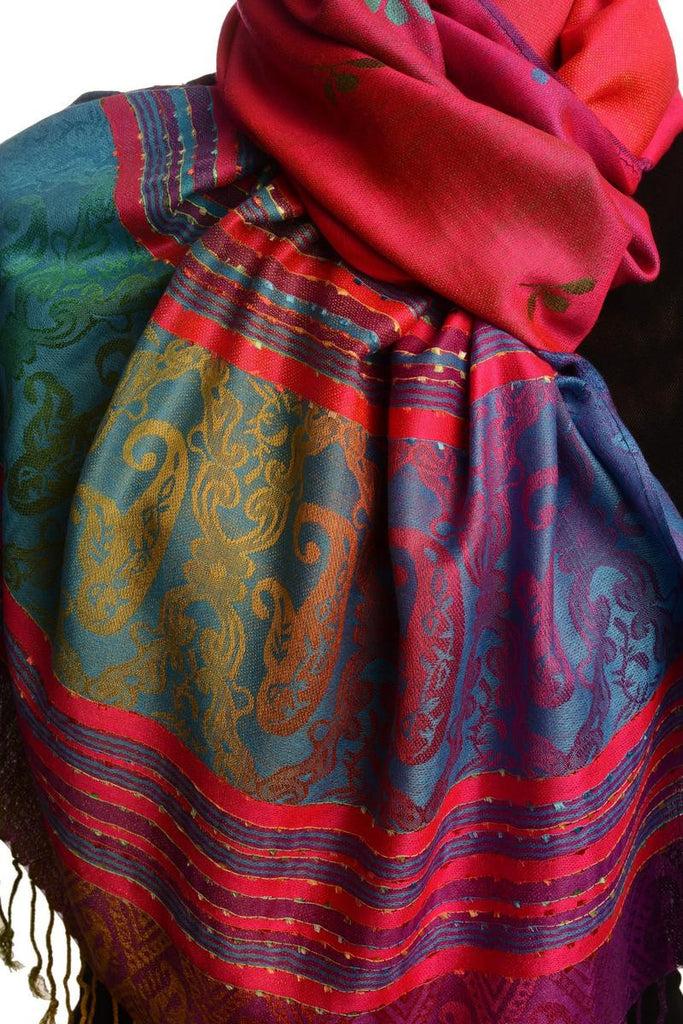 Liss Kiss Small Clover On Fuchsia Pink Ombre Pashmina With Tassels - Scarf
