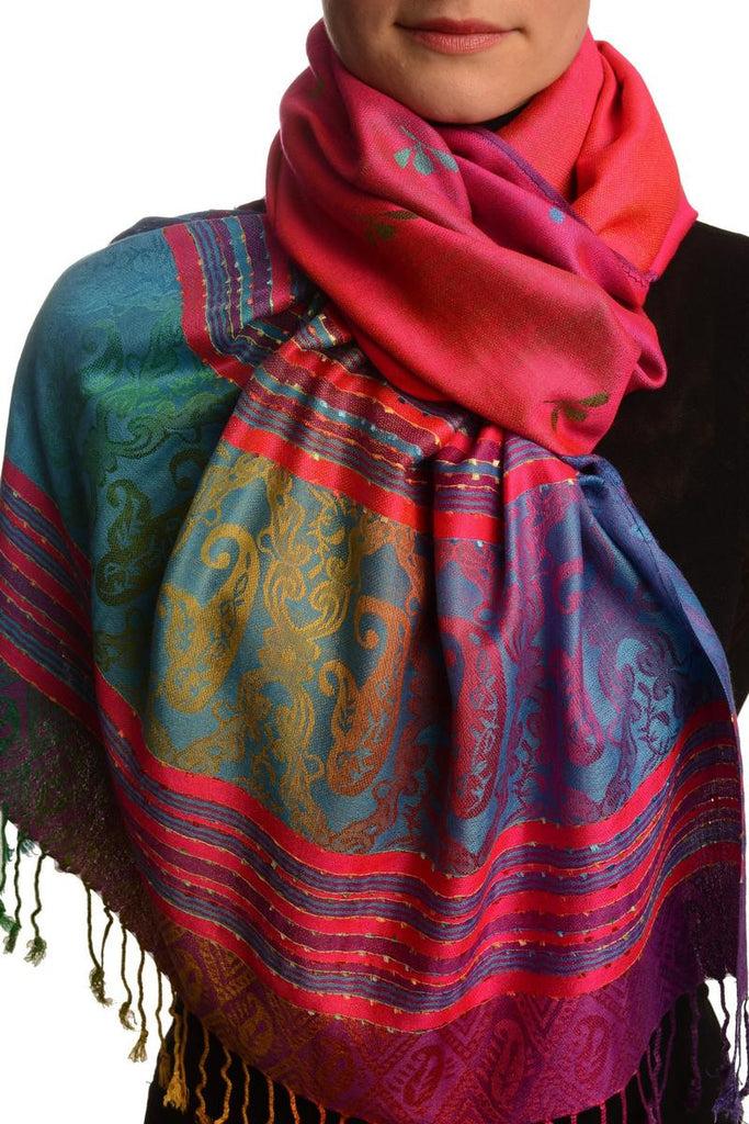 liss kiss Small Clover On Fuchsia Pink Ombre Pashmina With Tassels - Scarf