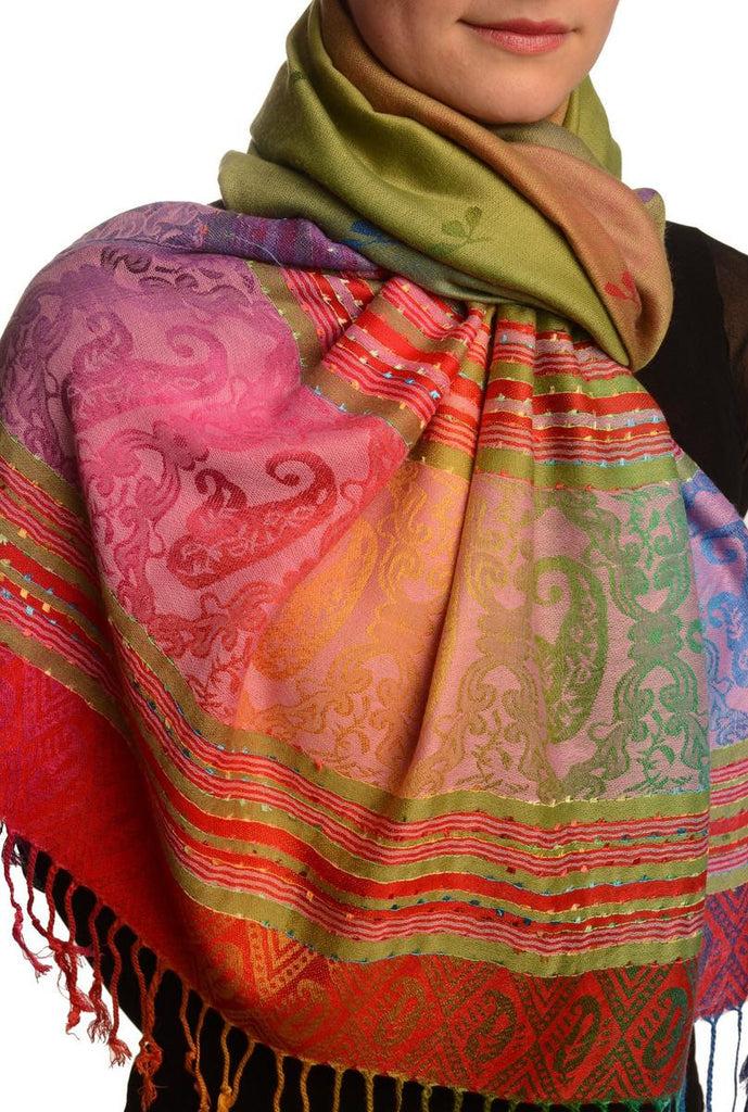 Liss Kiss Small Clover On Green Ombre Pashmina With Tassels - Scarf