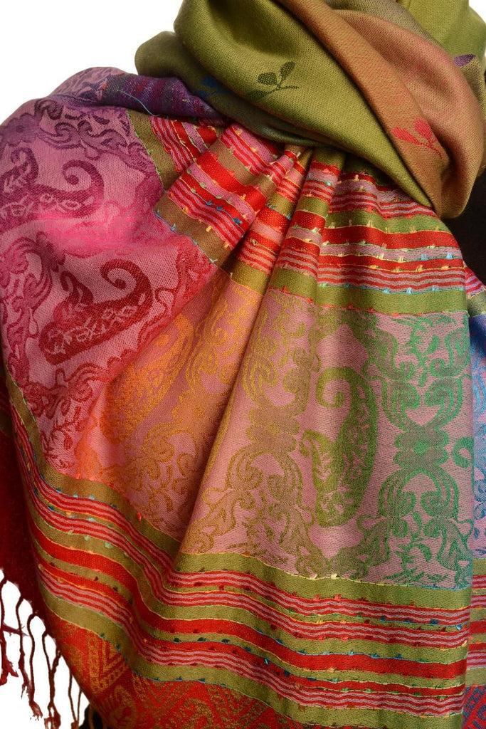 Liss Kiss Small Clover On Green Ombre Pashmina With Tassels - Scarf