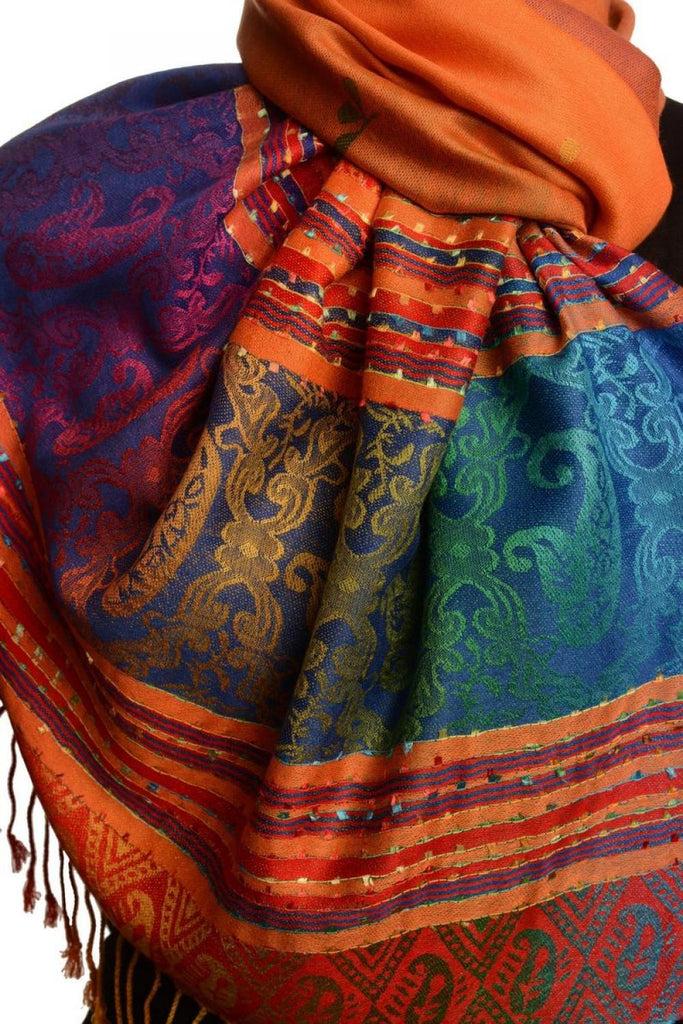 Liss Kiss Small Clover On Orange Ombre Pashmina With Tassels - Scarf