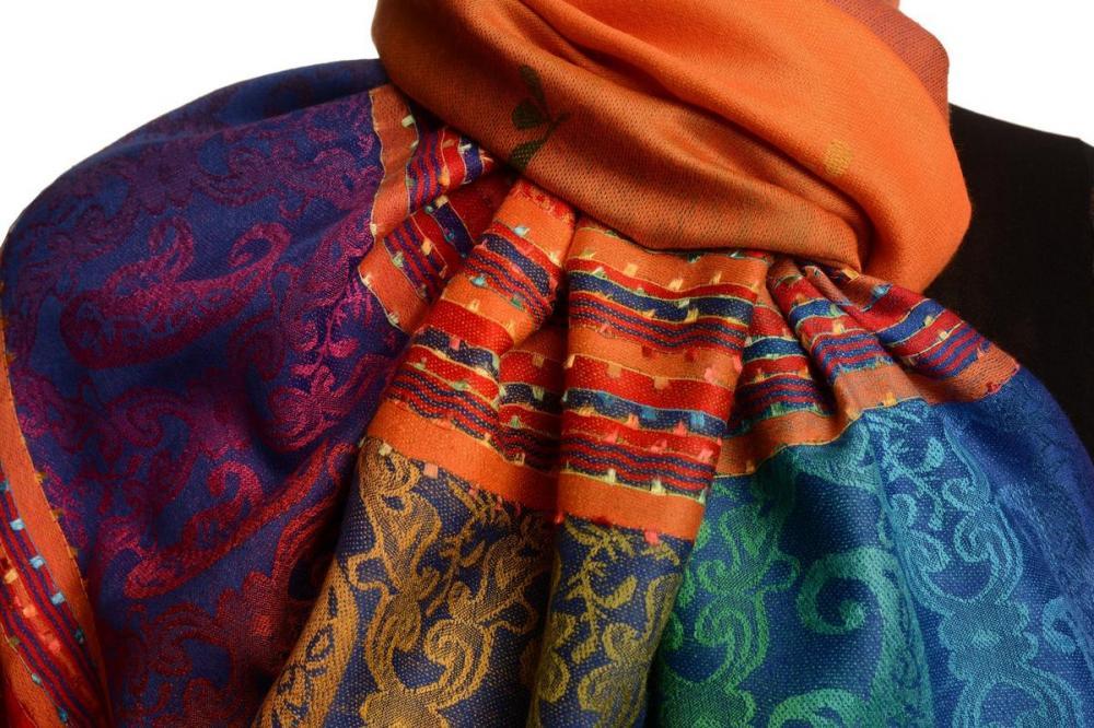 Liss Kiss Small Clover On Orange Ombre Pashmina With Tassels - Scarf